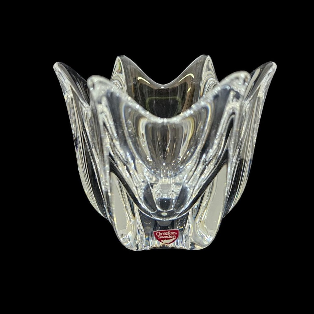 Orrefors Sweden Lars Hellsten Fuga Crystal Votive Candle Holder Signed 3.5"